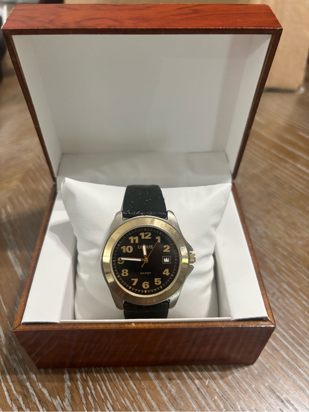 Lorus Black Dial Men's Watch with Gold-Tone Bezel and Black Leather Strap